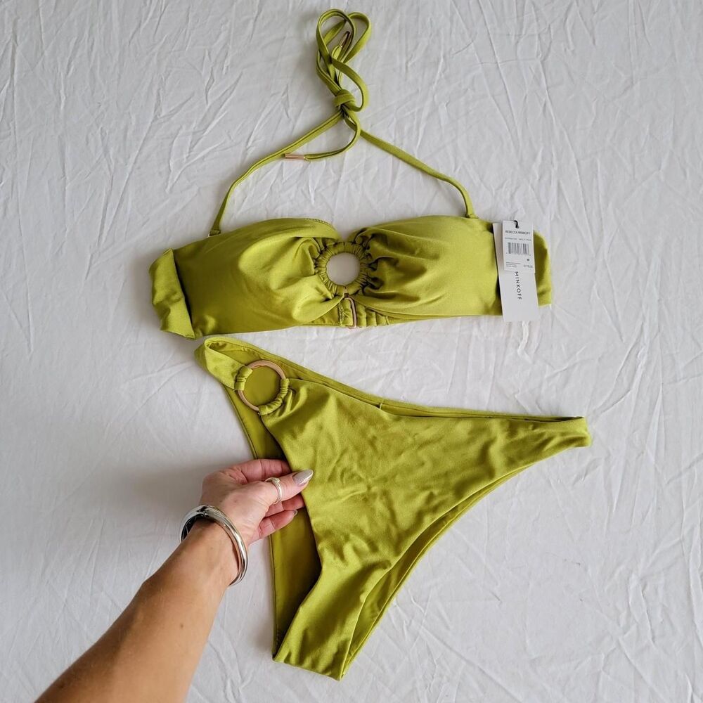 NWT REBECCA MINKOFF O-ring Bandeau Bikini in glossy chartreuse